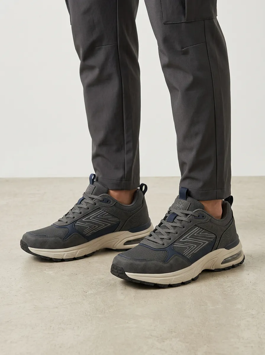 Men's Charcoal Grey Tactical Geometric Pattern Athletic Sneakers