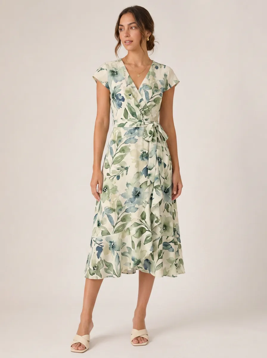 Women's Floral Lover Watercolor Botanical Printed Wrap Dress