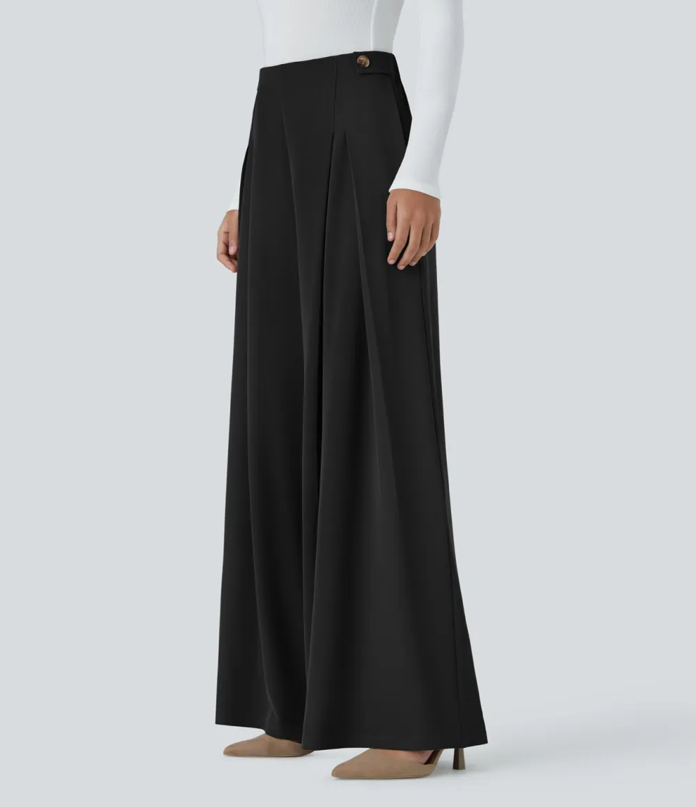 High Waisted Decorative Button Plicated Side Pocket Wide Leg Work Pants