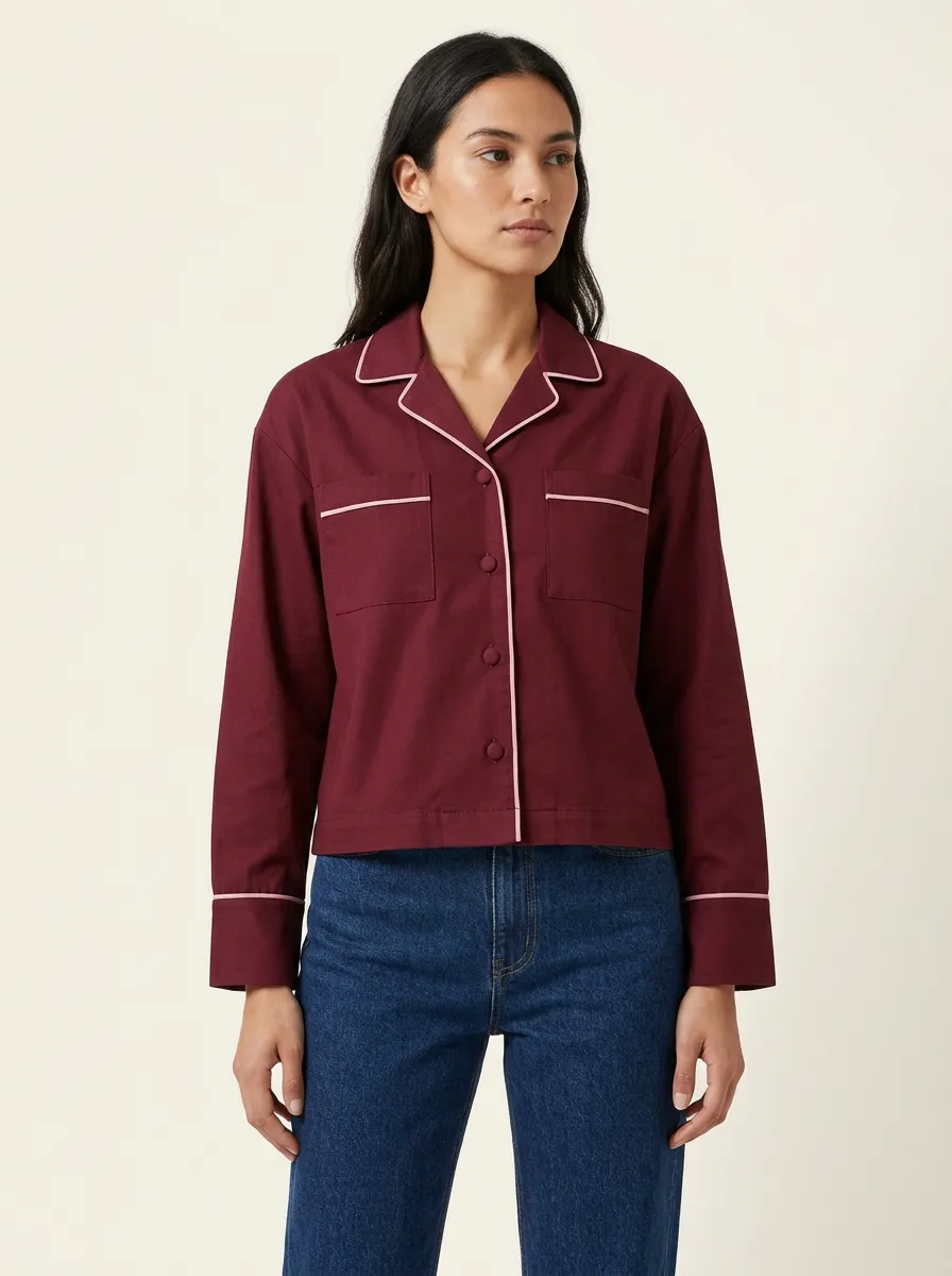 Women's Notched-Lapel Contrast-Piped Dual-Pocket Boxy Shirt
