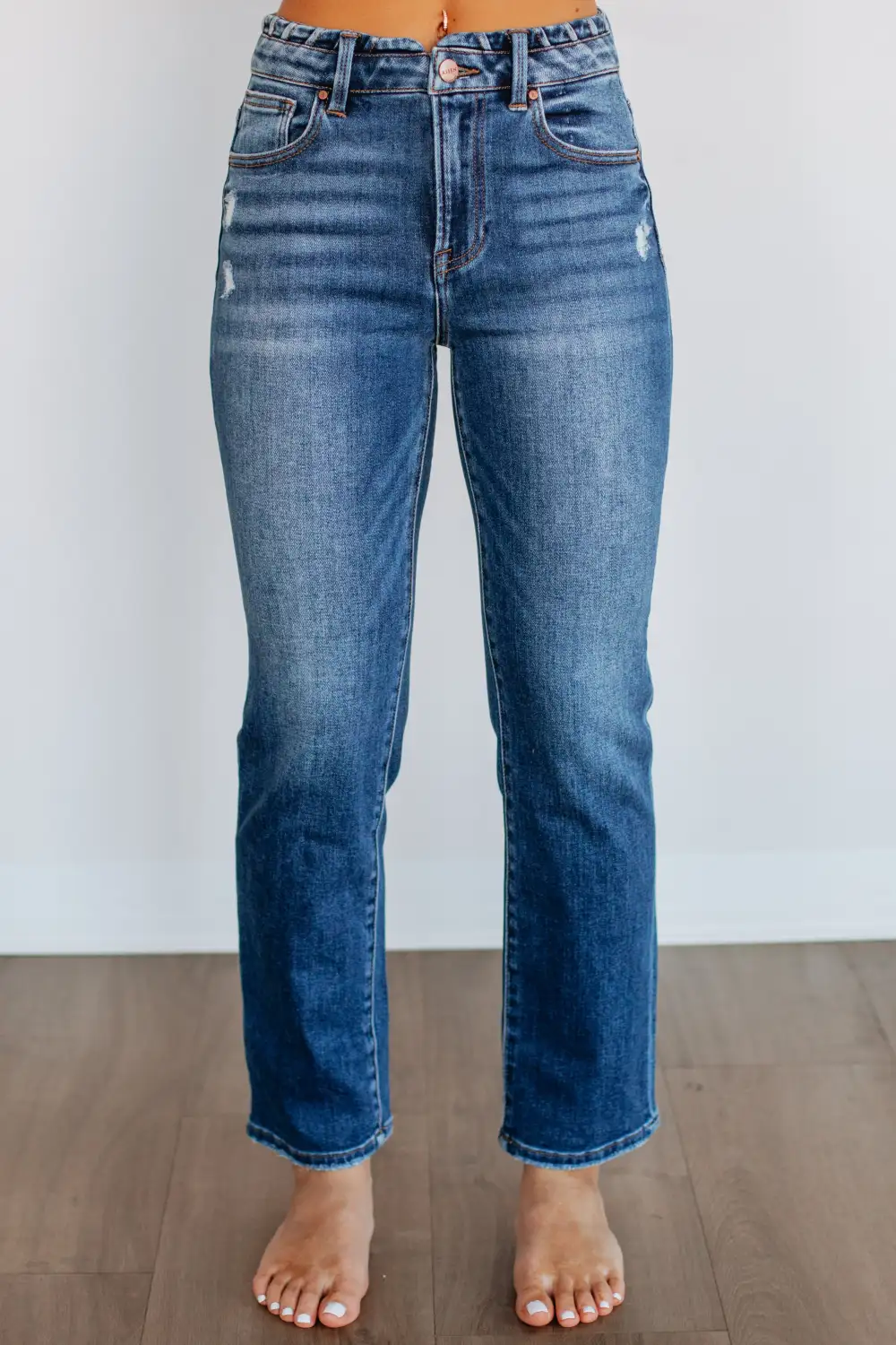 Women's High Rise Straight Leg Fading Whiskering Jeans