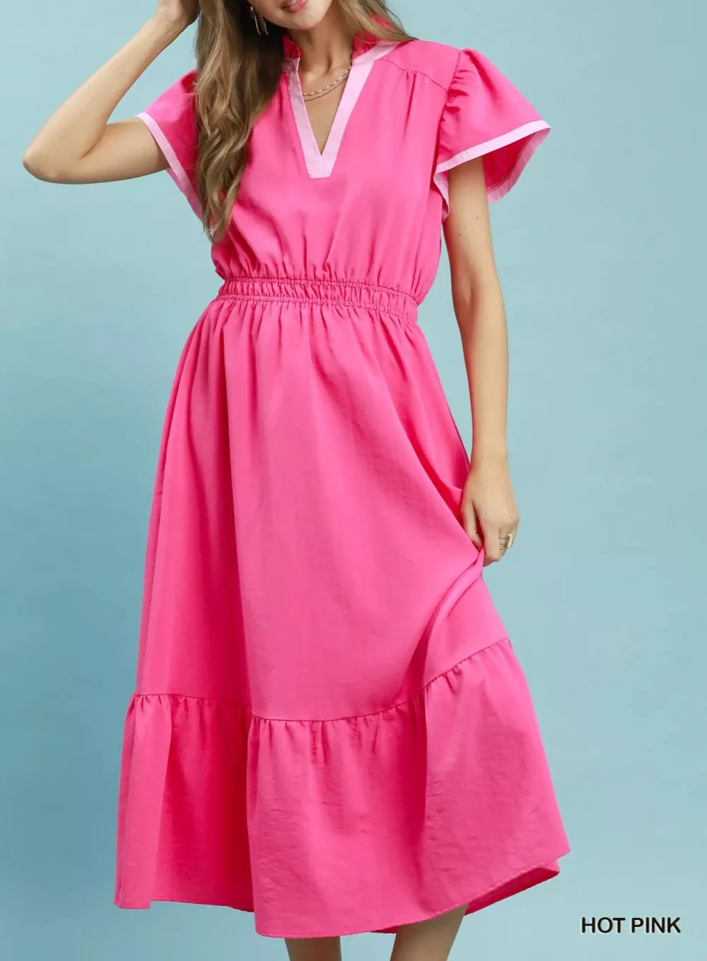 Contrast Trim Midi Dress with Tiered Ruffle Hem