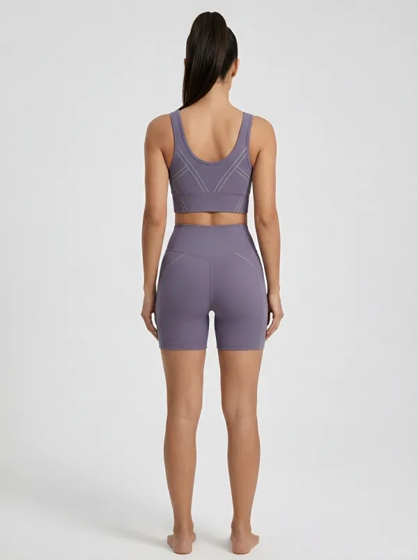Streamlined Ribbed Texture Seamless Design Detail Women's Tank Top And Sports Shorts Set