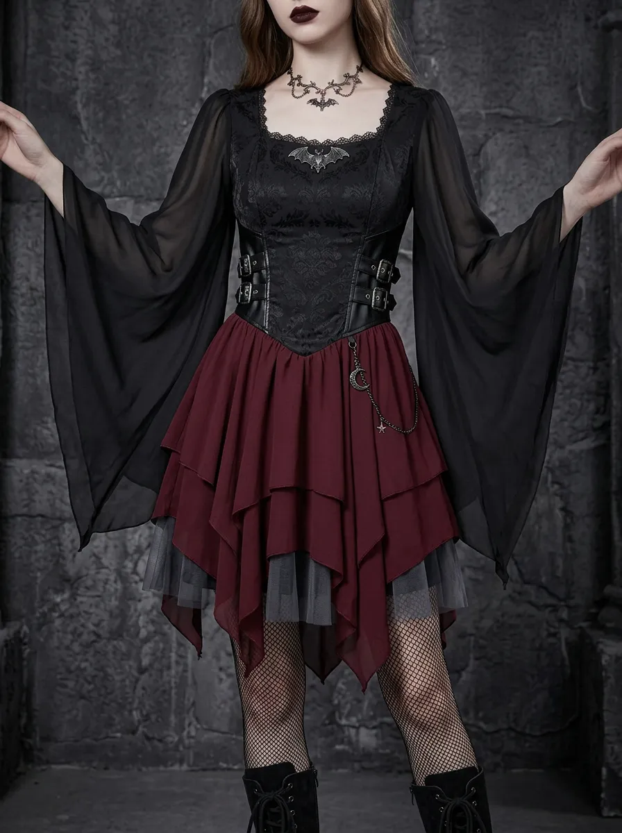 Women's Gothic Bat Moon Charm Layered Chiffon Mini Dress