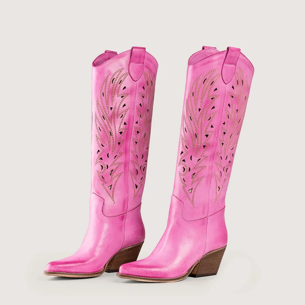 Faux-Leather Distressed Embroidered Snip-Toe Knee-High Boots