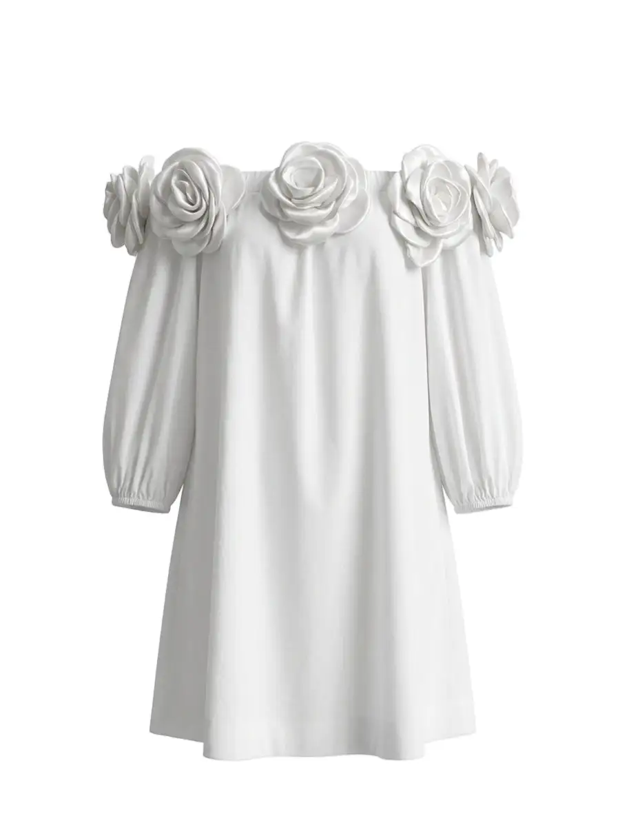 Half Sleeve Relaxed Pocket Solid Color Three Dimensional Flower Off The