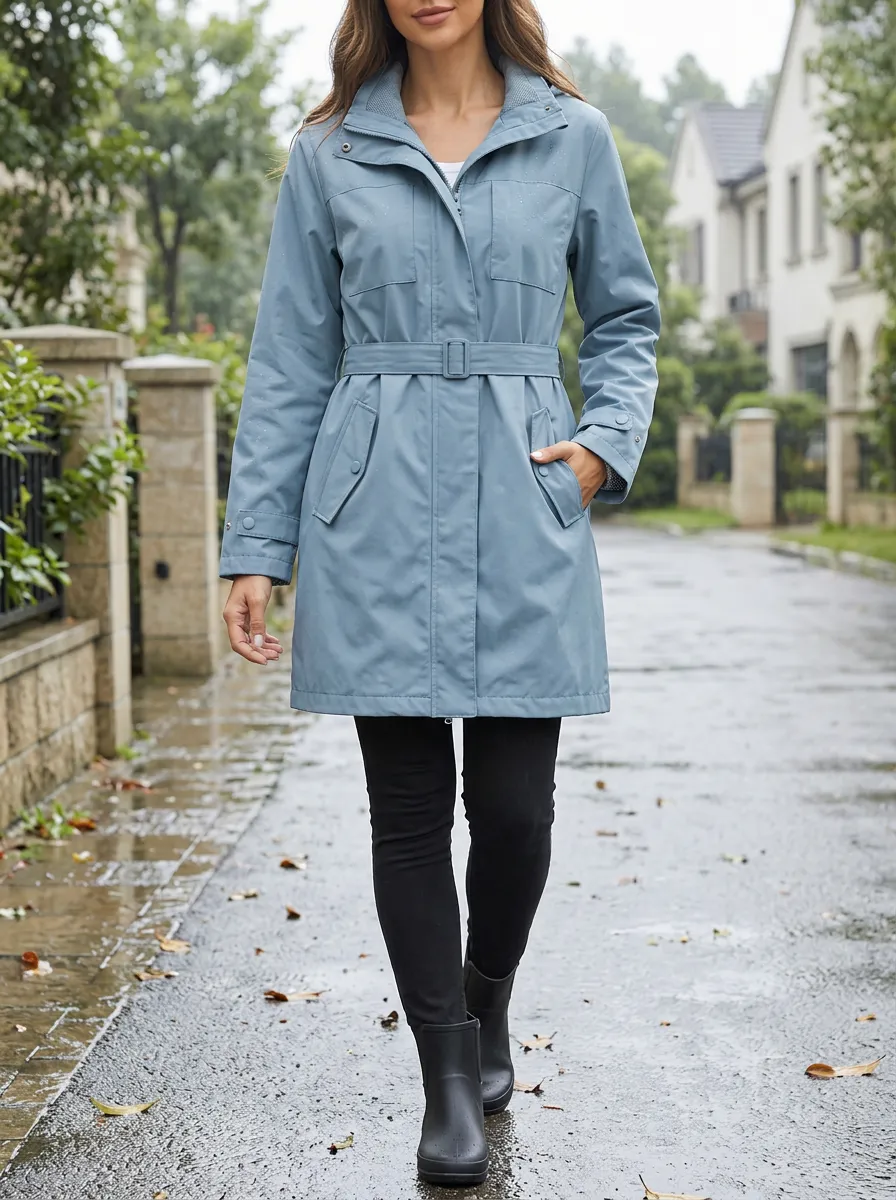 Women's Blue Belted Waterproof Jacket