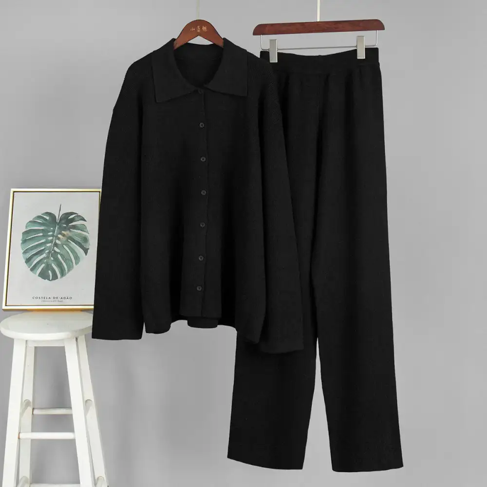 Relaxed Ribbed Sweater And Pants Set With Collar