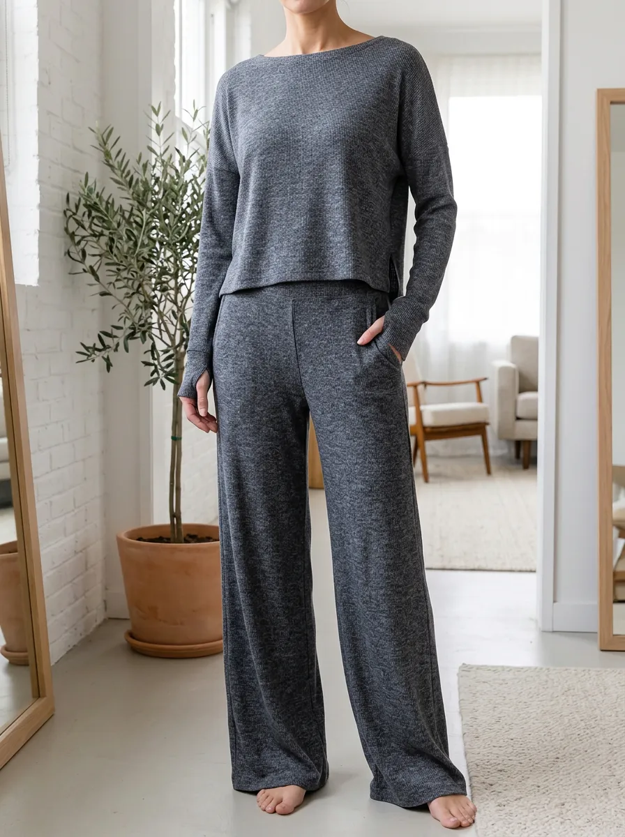 Women's Casual Lounge Long Sleeve Wide Leg Pants Set