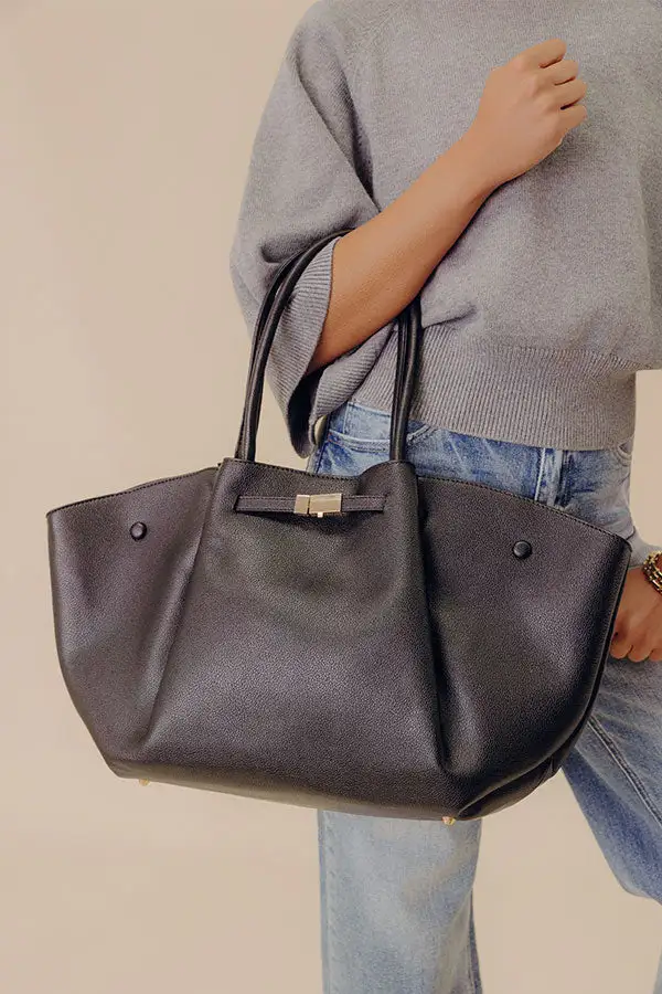 Faux Leather Clasp-Closure Tote Bag