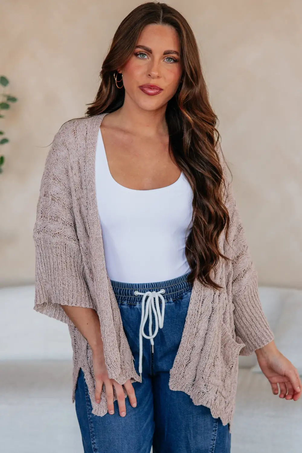 Openwork Pattern Knit Drop Shoulder Open Front Cardigan