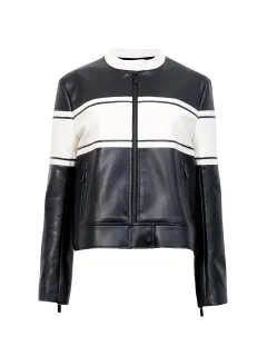 Creative Black And White Color Matching Fashionable Leather Jacket