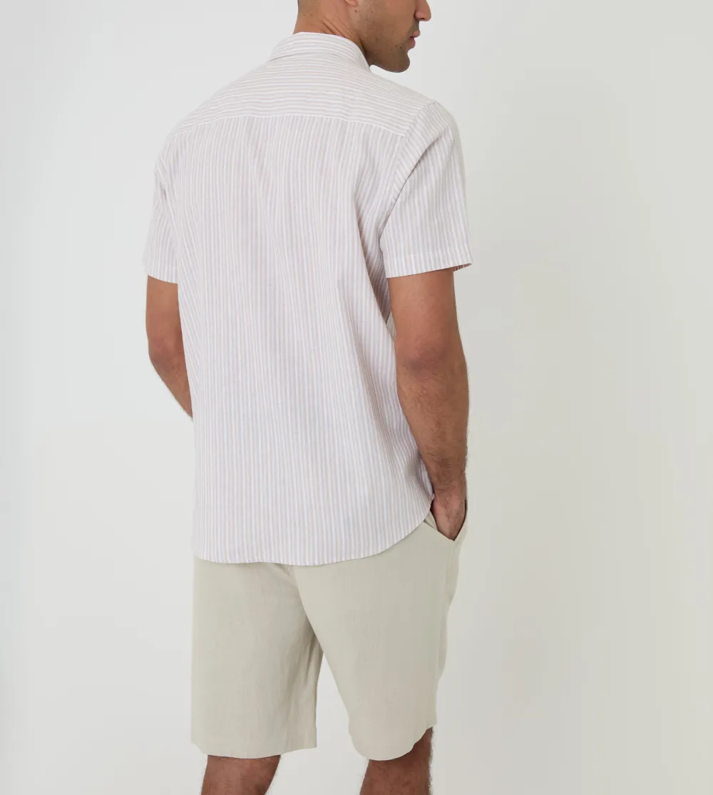 Men's Stone Stripe Linen Cotton Blend Short Sleeve Shirt