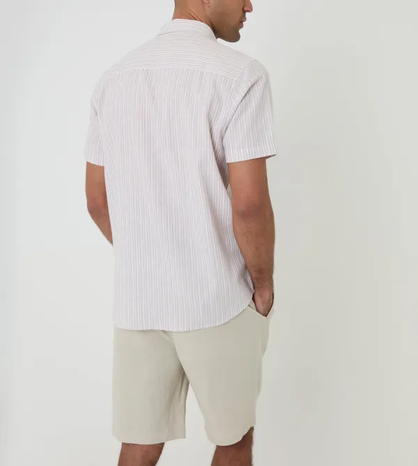 Men's Stone Stripe Linen Cotton Blend Short Sleeve Shirt