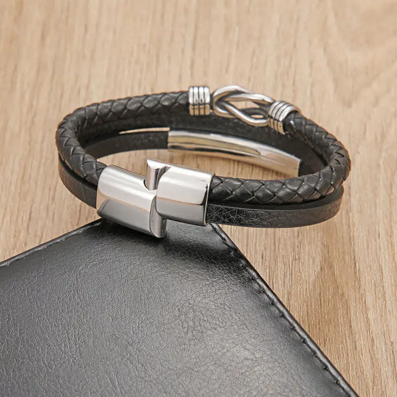 Leather Braided Geometric Magnetic Clasp Bracelet