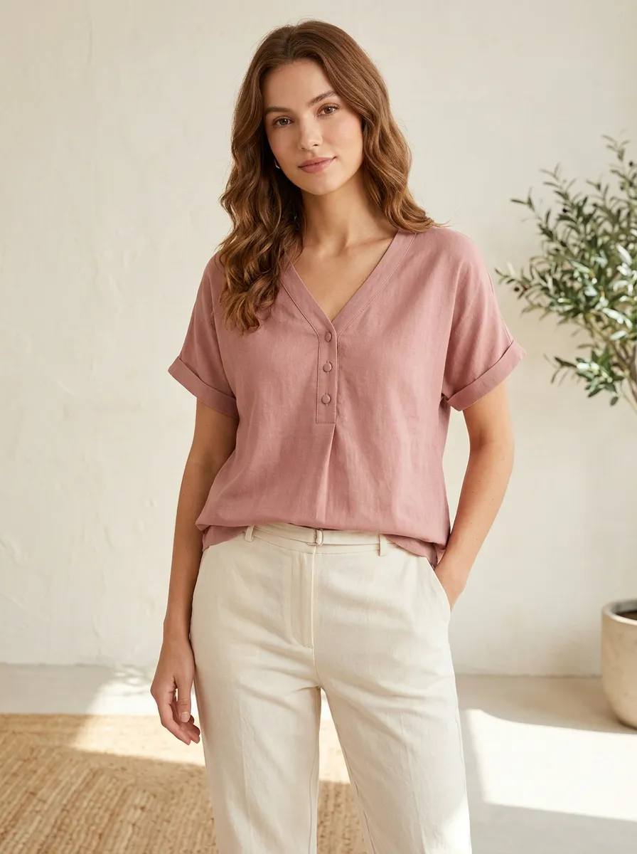Short-Sleeve Button-Front Women's V-Neck Shirt