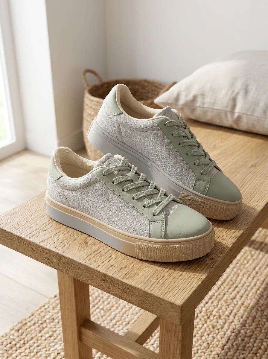 Women's Sage Green Minimalist Textured Printed Sneakers