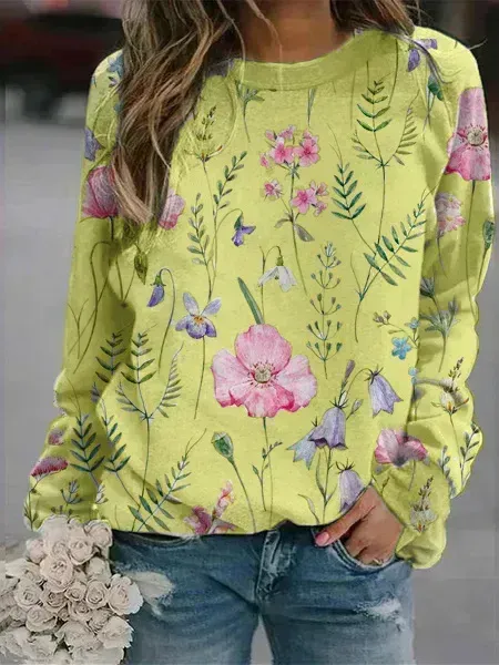 Floral Crew Neck Long Sleeves Sweatshirts