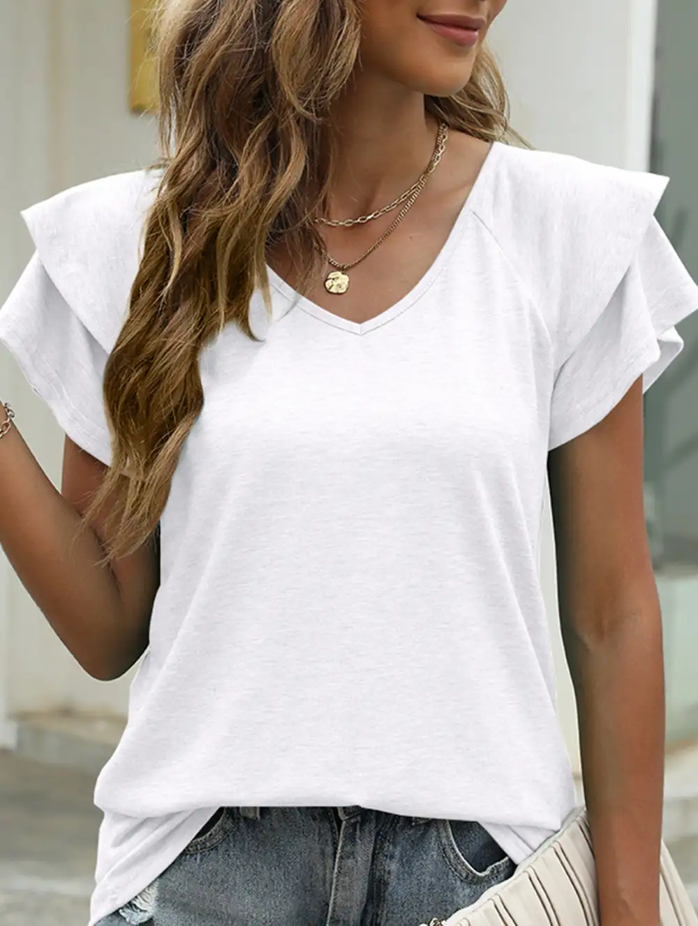 V Neck Double Layer Ruffle Sleeve Tank Top