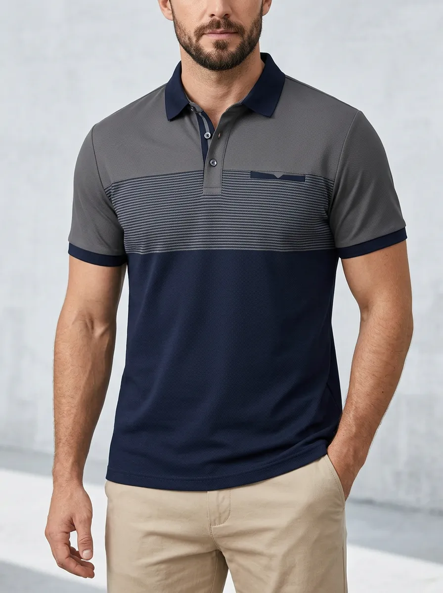 Men's Colorblock Striped Chest Pocket Pocket Polo Shirt
