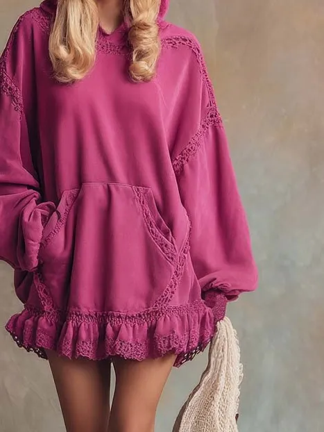 Lace Trimmed Ruffled Hem Hooded Mini Dress