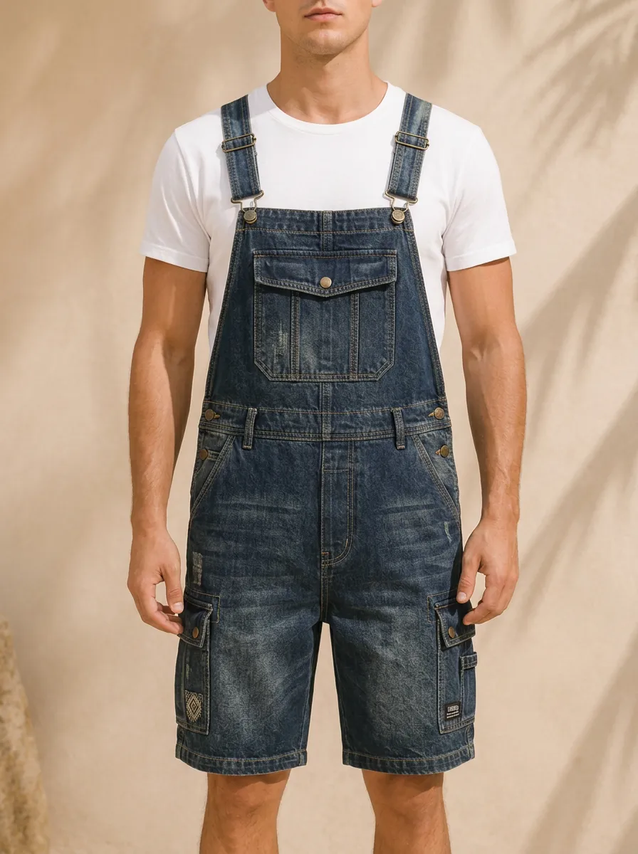 Men's Casual Vintage Distressed Denim Cargo Overalls Shorts