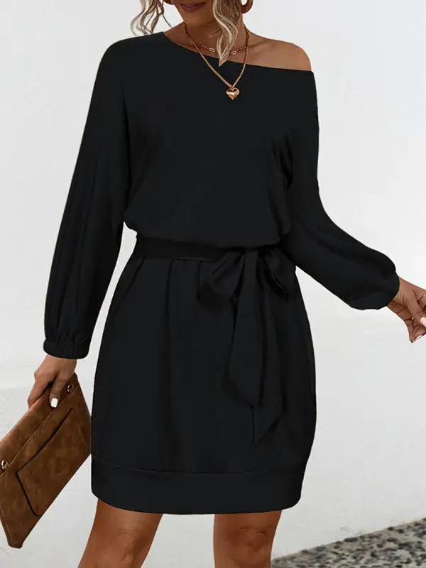 Long Sleeve Relaxed Elasticity Solid Color Tied Waist One Shoulder Mini