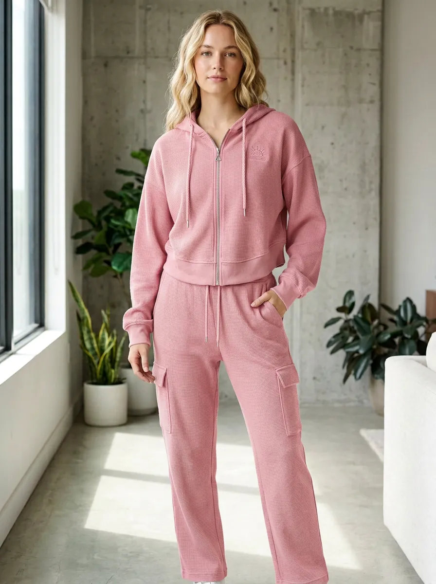 Women's Casual Sun Logo Waffle Knit Zip-Up Hoodie Cargo Jogger Set