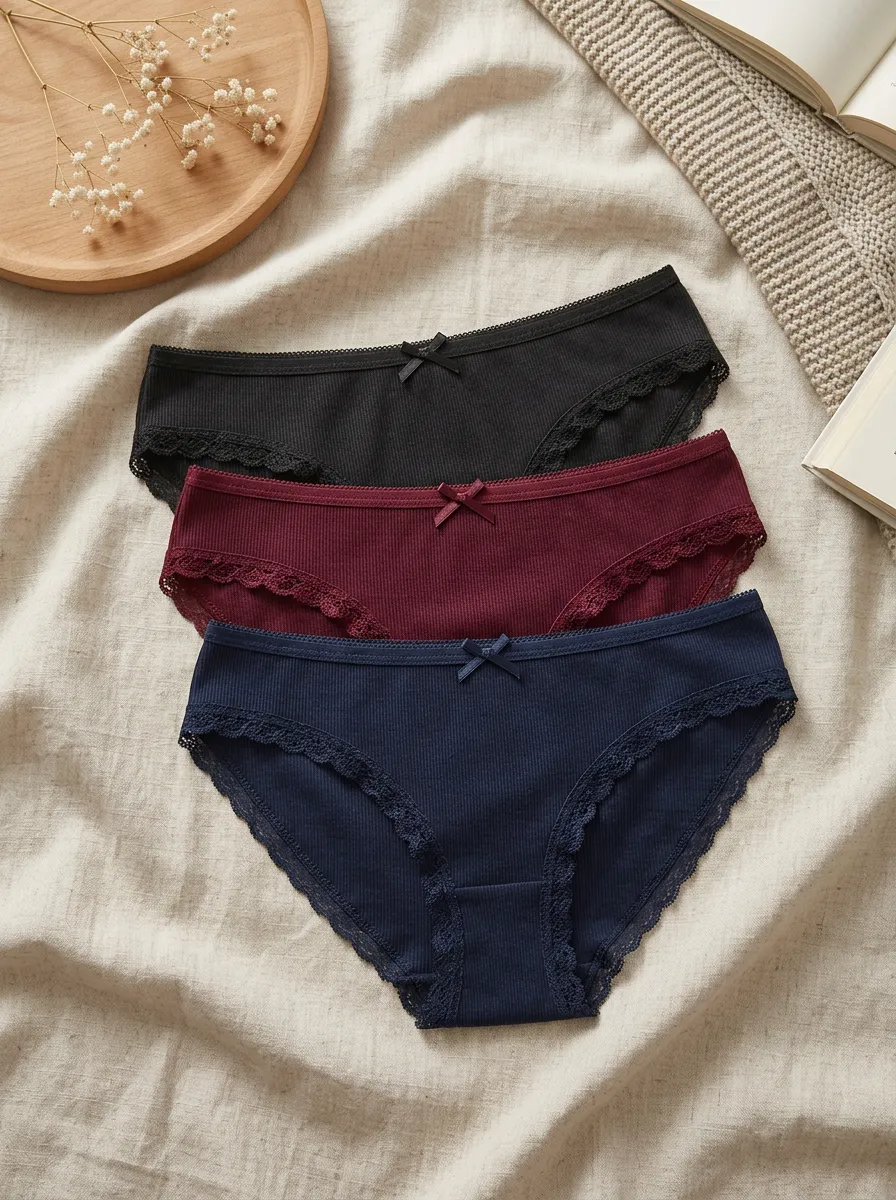 Women's Bow Detail Lace Trim Rib Texture 3-Piece Underwear Set