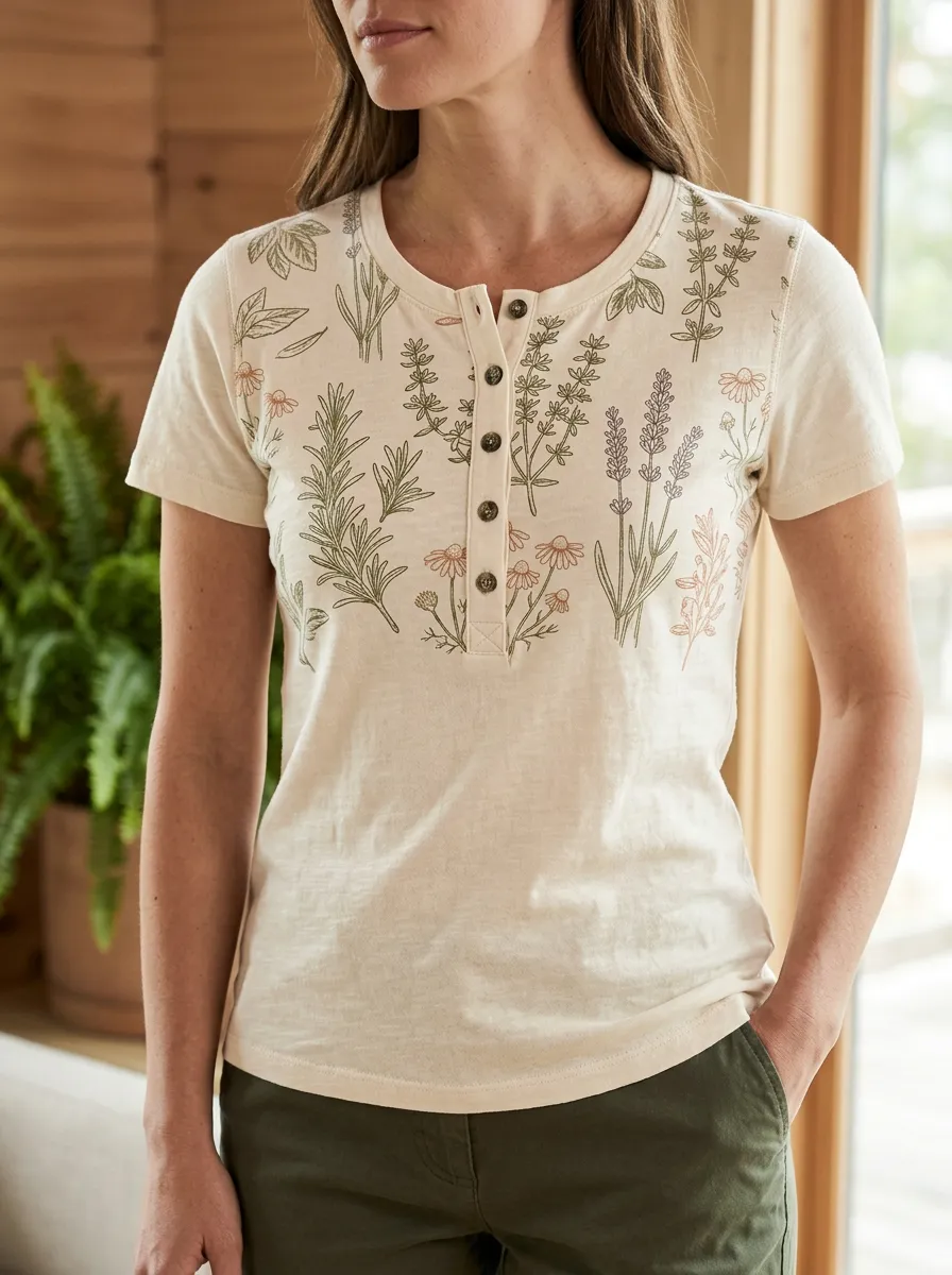 Women's Botanical Garden Lover Floral Printed Henley T-shirt