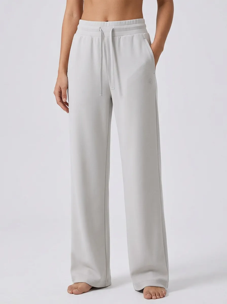 Women's Minimalist Solid Light Gray Drawstring Wide Leg Sweatpants