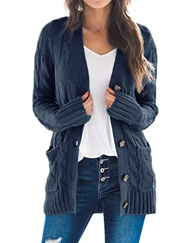 Women's Cable Knit Cardigan Long Sleeve Open Front Button Down Knitwear Sweater Coat
