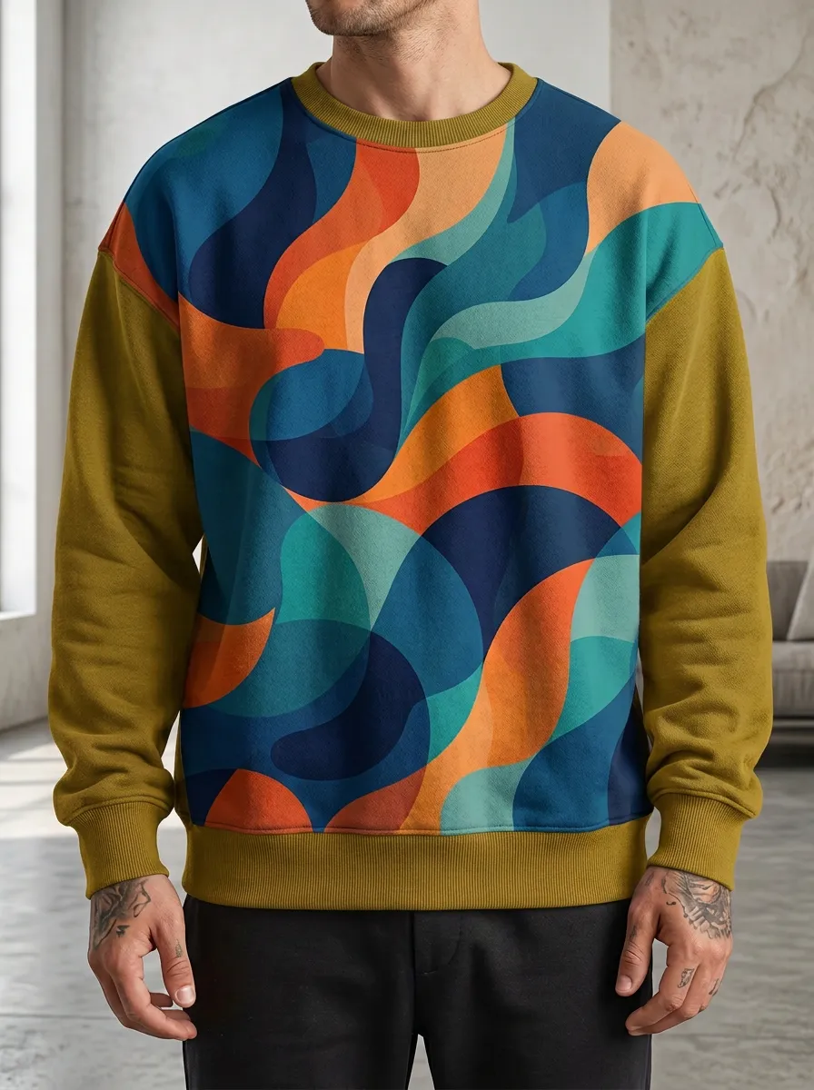 Abstract Wave Pattern Crewneck Sweatshirt With Abstract Detail