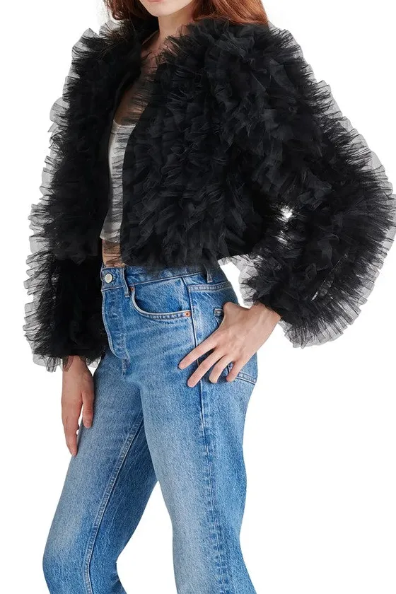 Black Tulle Ruffle Cropped Jacket