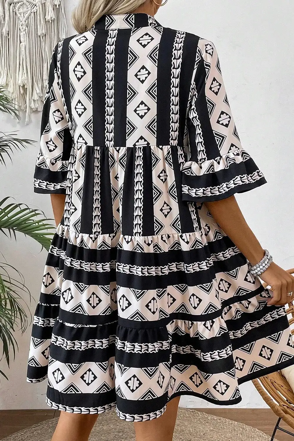 Geometric Print Ruffle Mini Dress