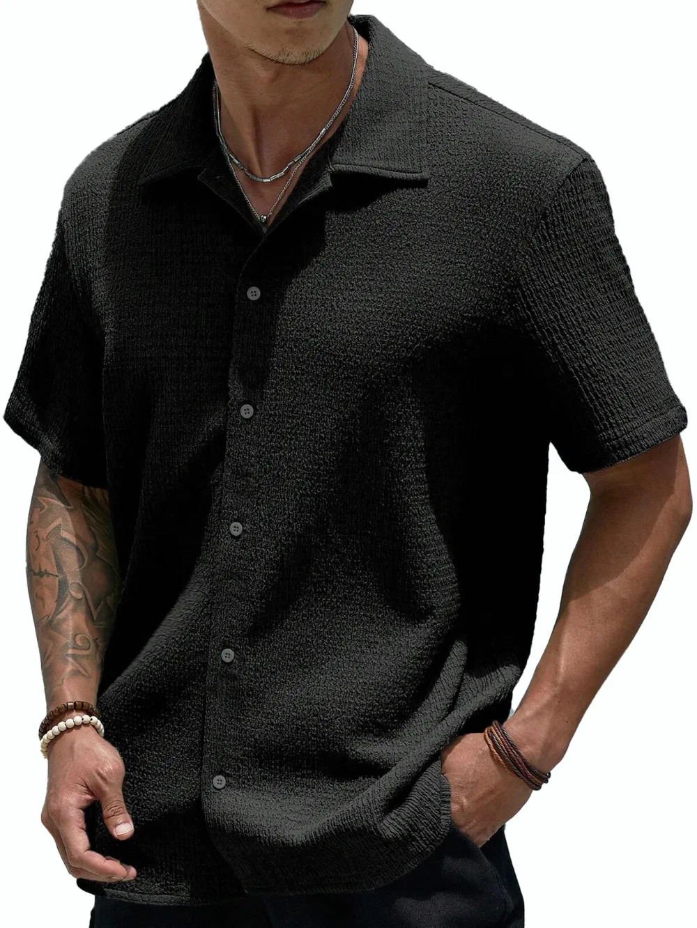 Short Sleeve Open Collar Pleated Front Shirt