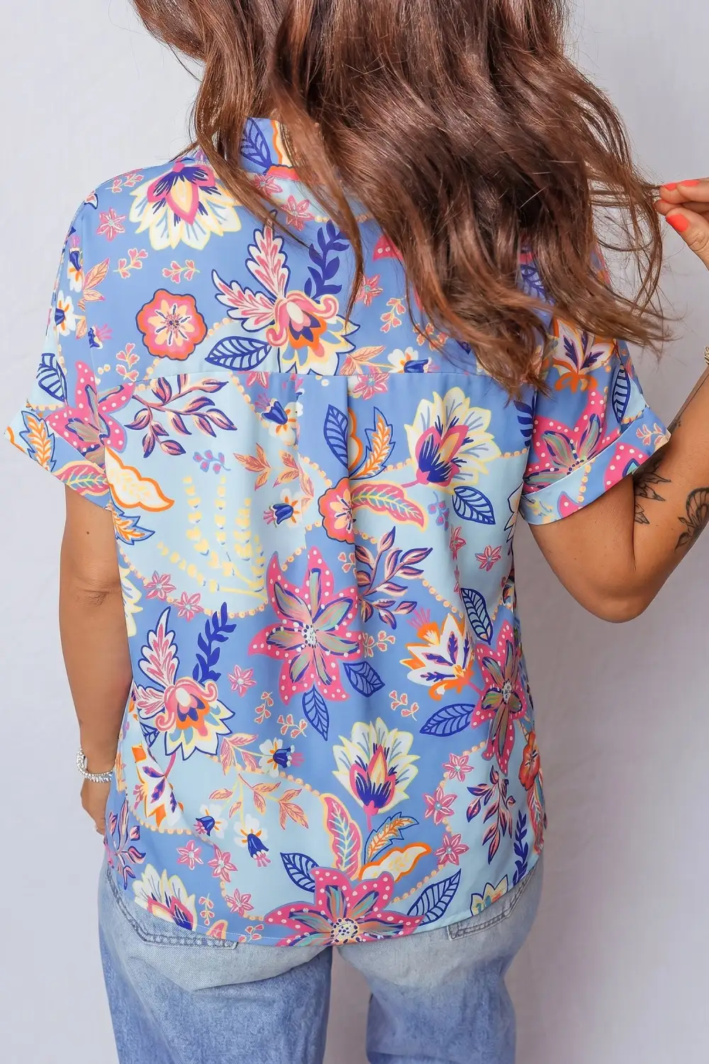 Women's Floral Print V Neck Vacation Style Top