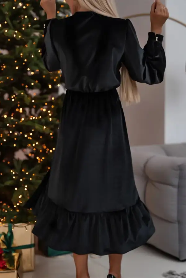 Velvet Puff Sleeve V Neck Button Front Side Slit Midi Dress