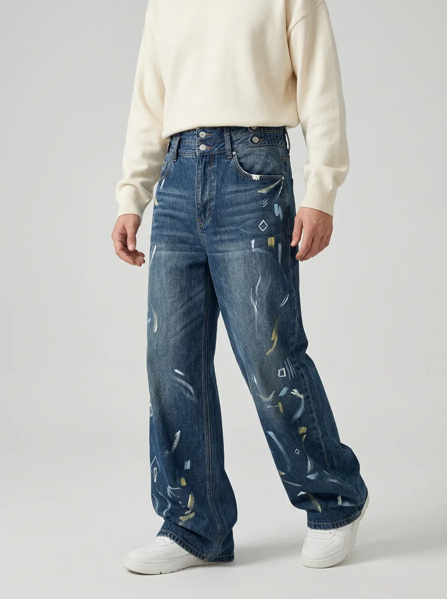 Men's Abstract Art Pattern Printed Wide Leg Jeans