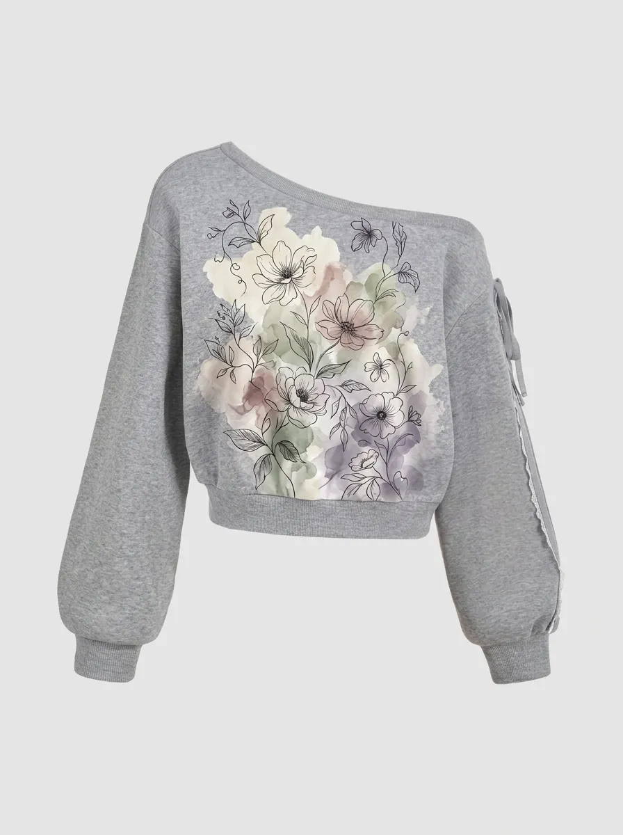 Women's Floral Art Watercolor Line Printed Off-Shoulder Sweatshirt