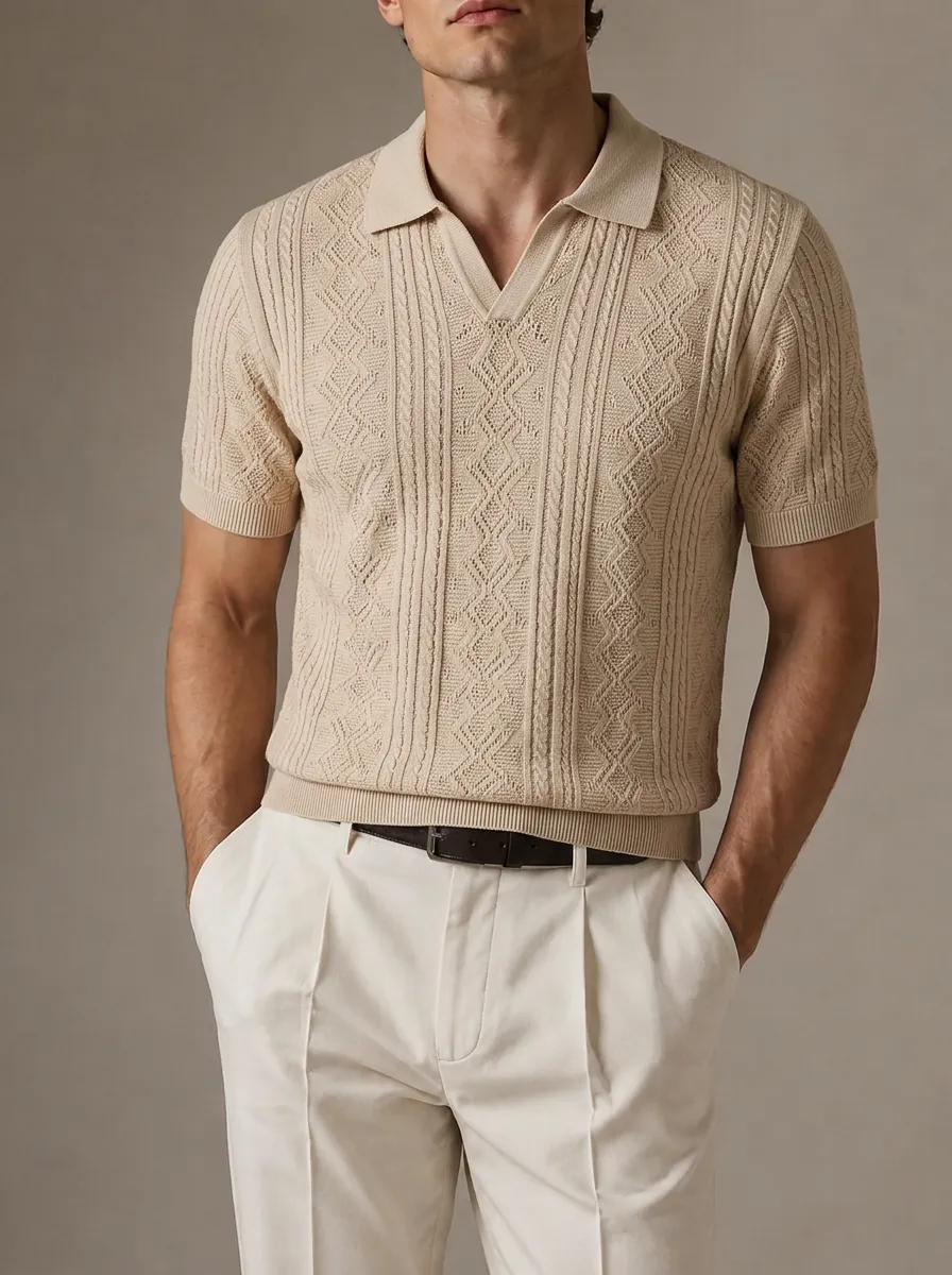 Men's Cable-Knit Short Sleeve Polo Shirt with Open Collar