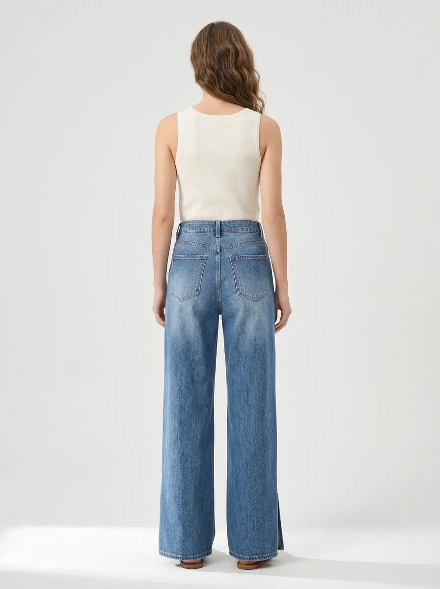 Women's Patchwork Distressed Button-Fly Vintage Wide Leg Jeans
