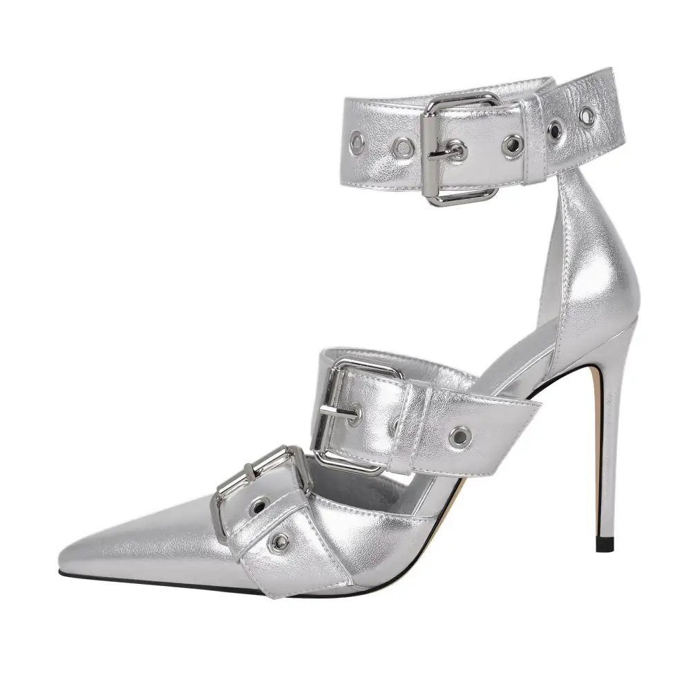 Polished Pointed Toe Stiletto Buckle Strap Pumps