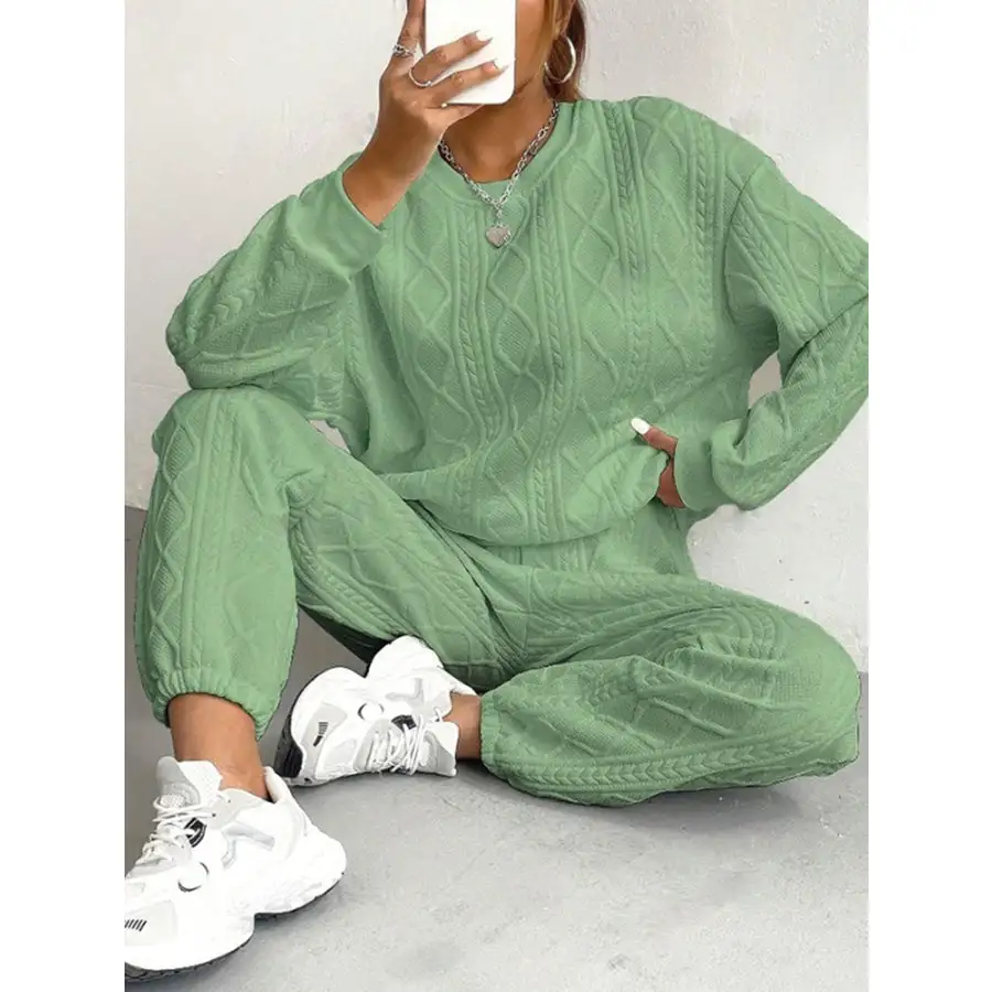 Relaxed Texture Round Neck Top and Pants Set