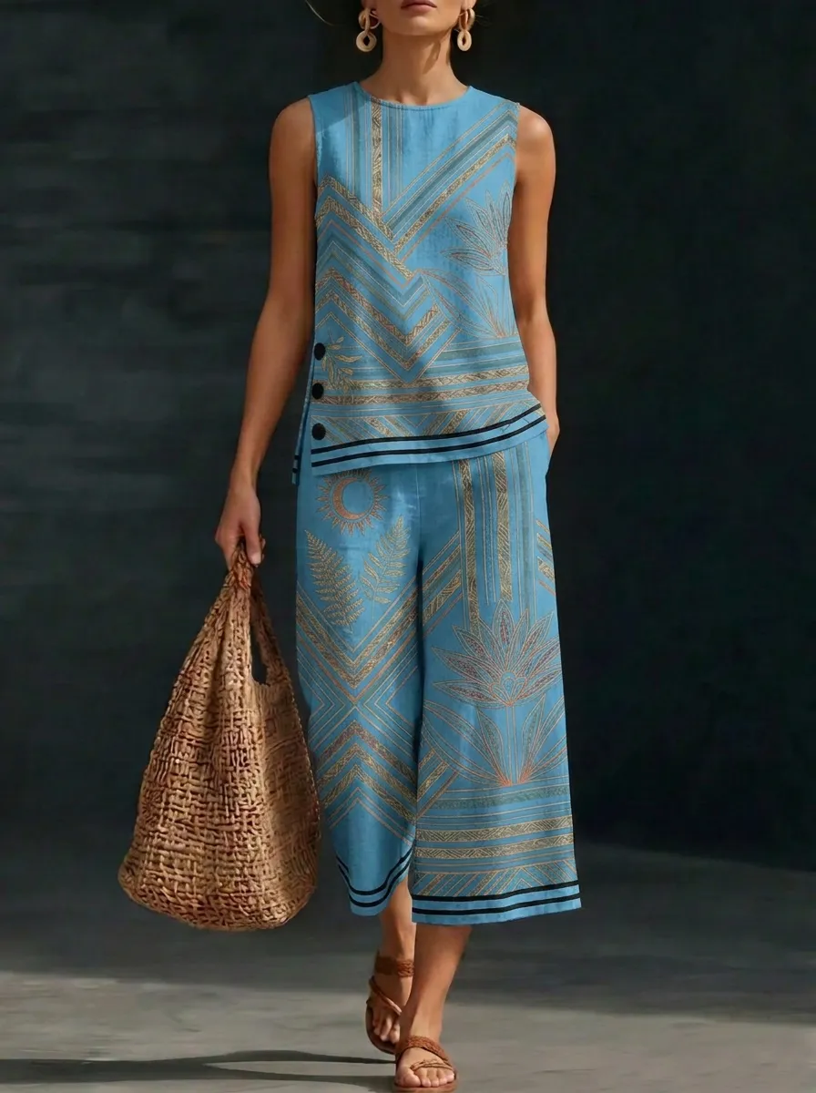 Women's Bohemian Moon Fern Geometric Printed Sleeveless Set