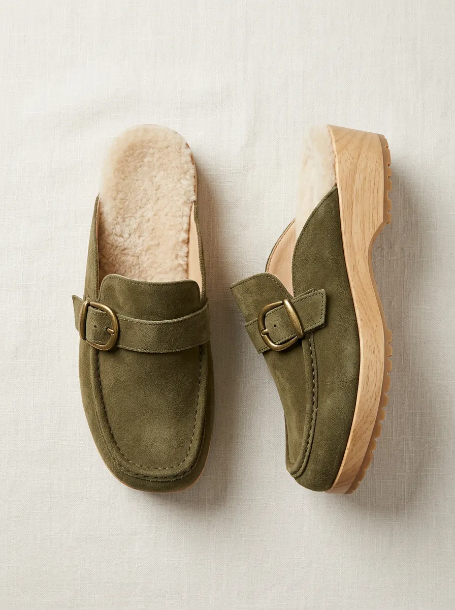Women's Rugged Faux Fur Lined Buckle Detail Clog Style Suede Wood Sole Loafers