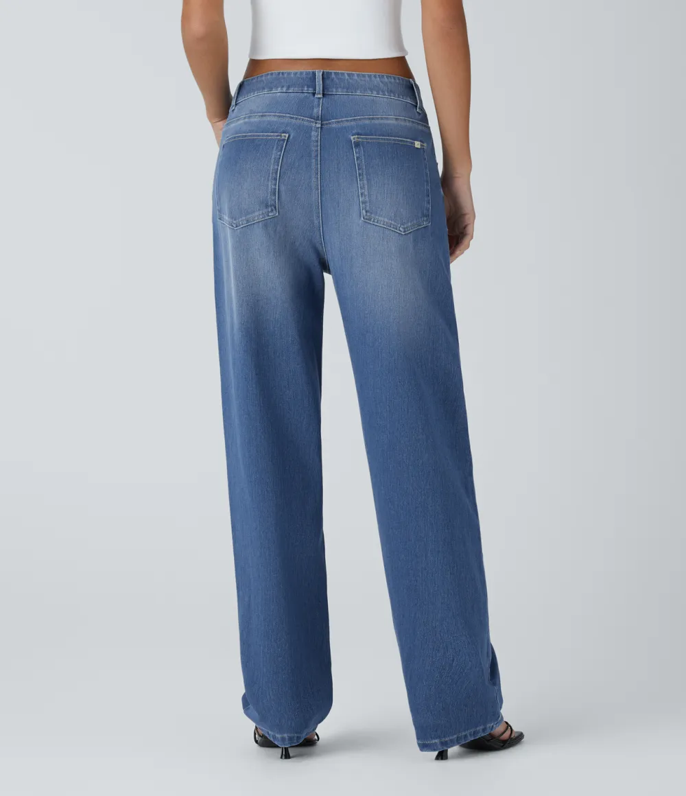 Magic Mid Low Rise Button Zipper Multiple Pockets Washed Stretchy Knit Casual Mom Jeans