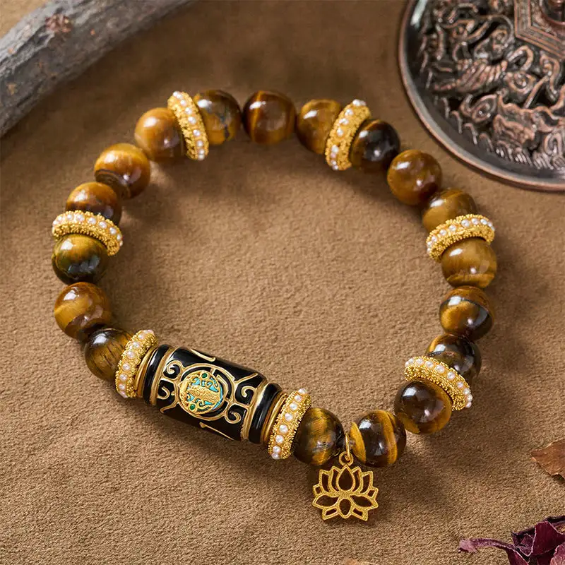 Natural Tiger Eye Resin Barrel Bead Lotus Bracelet