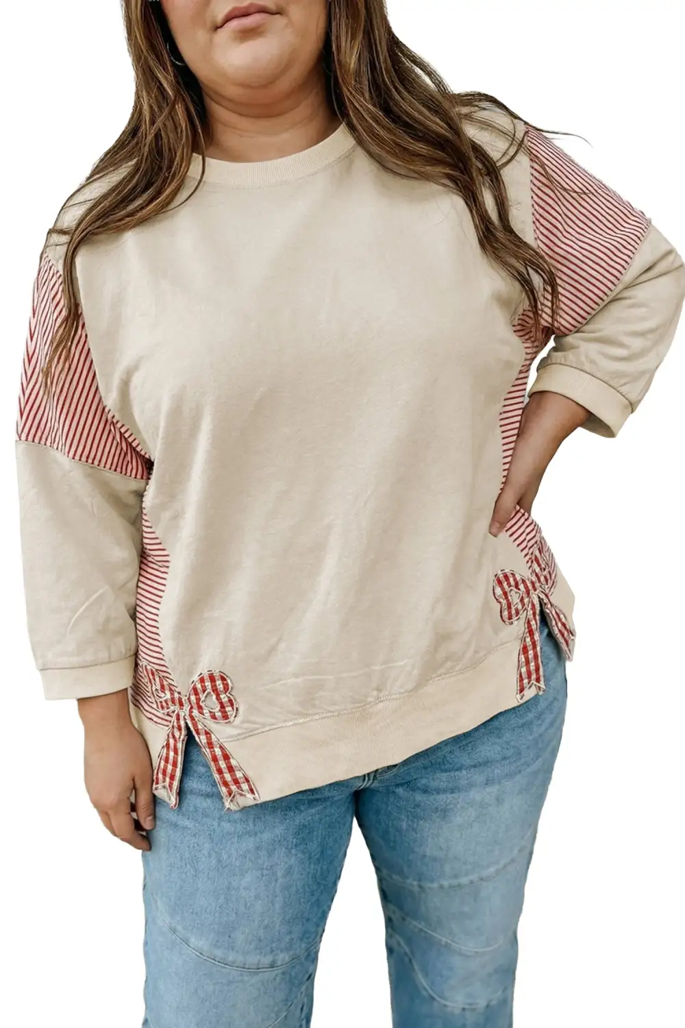 Striped Relaxed Cotton Blend Bracelet Sleeve Top