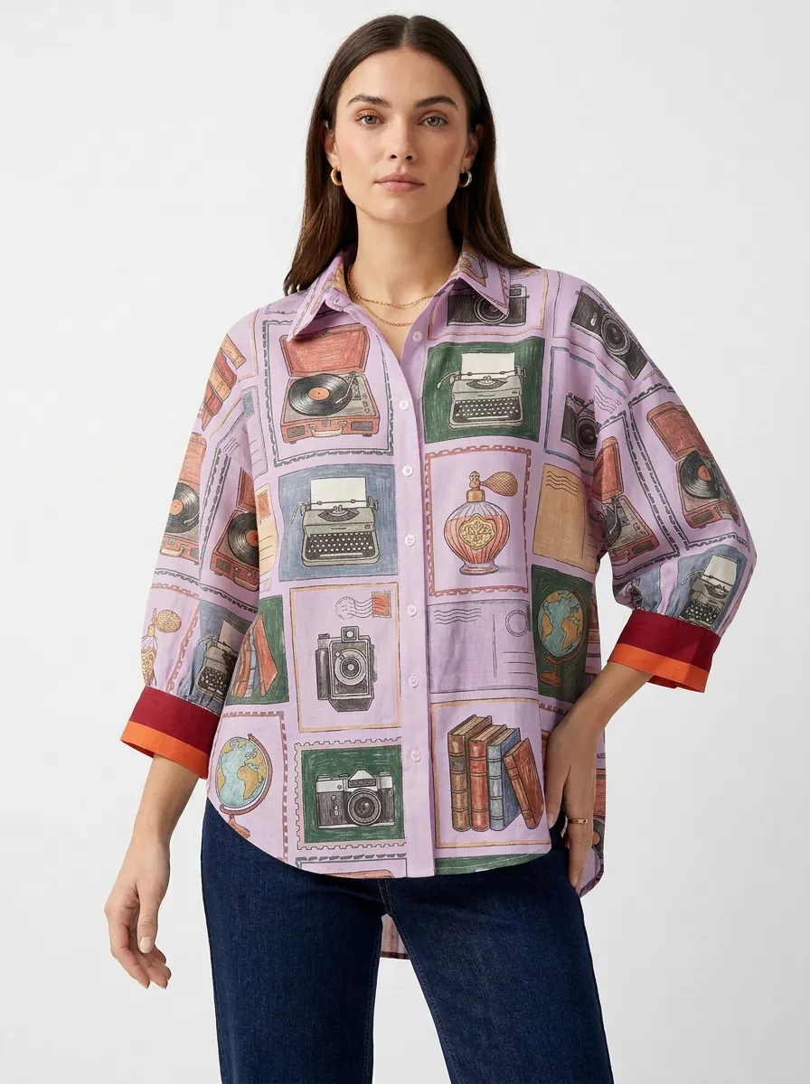 Women's Vintage Hobby Lover Stamp Print Button-Down Shirt